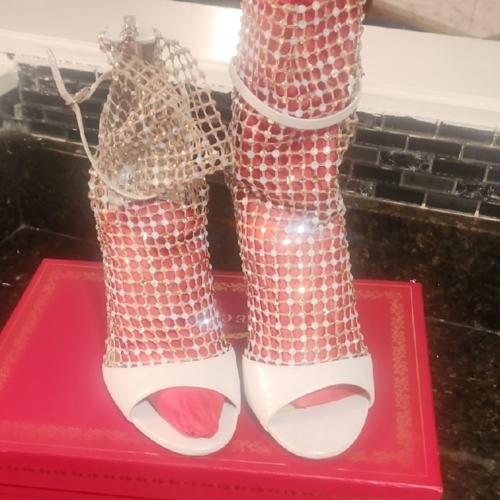 Rene Caovilla White and Gold Net Heels